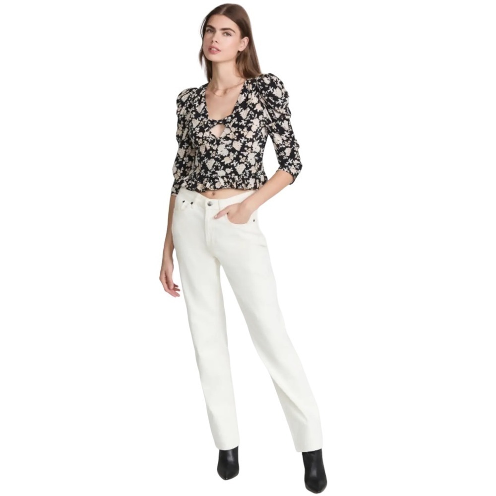NEW LoveShackFancy Silk Floral Print Louis Blouse in Almond Cookie - Picture 4 of 16
